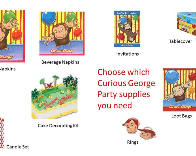 Curious George Rings Plates Napkins Cups Stickers Loot Bags Tablecover Cake Decorating Kit Invitations Gift Wrap