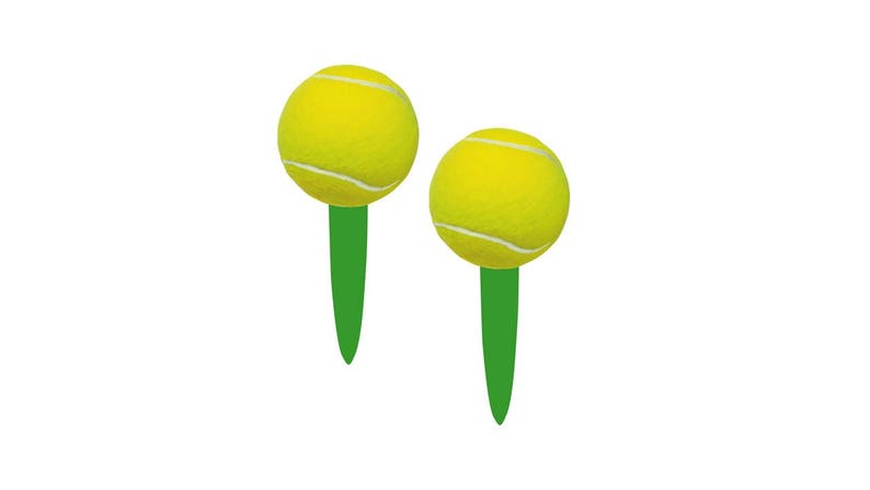 May include: Two yellow tennis ball shaped garden markers with green stems.