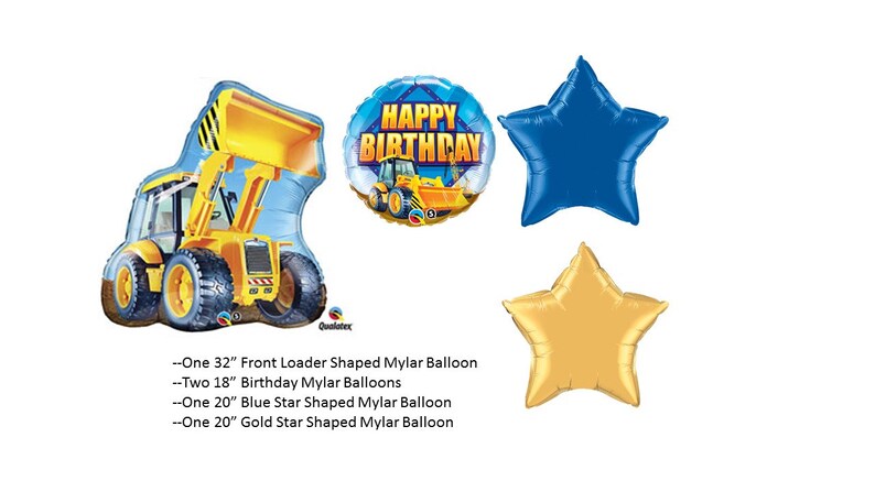 K&ouml;nnte beinhalten: Ein Set an Geburtstagsballons zum Thema Bau. Das Set enth&auml;lt einen 81 cm gro&szlig;en Frontlader-Ballon, zwei 46 cm gro&szlig;e Geburtstagsballons, einen 51 cm gro&szlig;en blauen Stern-Ballon und einen 51 cm gro&szlig;en goldenen Stern-Ballon.
