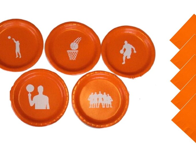 Basketball Dinner Plates, Basketball Dessert Plates - with Solid Color Napkins - Set for 5 People