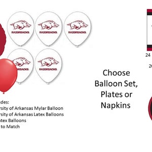 University of Arkansas Balloons, Razorbacks balloons, University of Arkansas Napkins, University of Arkansas Plates