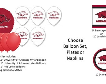 University of Arkansas Balloons, Razorbacks balloons, University of Arkansas Napkins, University of Arkansas Plates