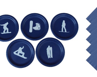 Snow Boarding Dinner Plates, Snow Boarding Dessert Plates - with Solid Color Napkins - Set for 5 People