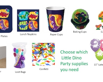 Little Dino Party Plates Napkins Cups Tablecover Candles Cello Bags Confetti Balloons Baking Cups