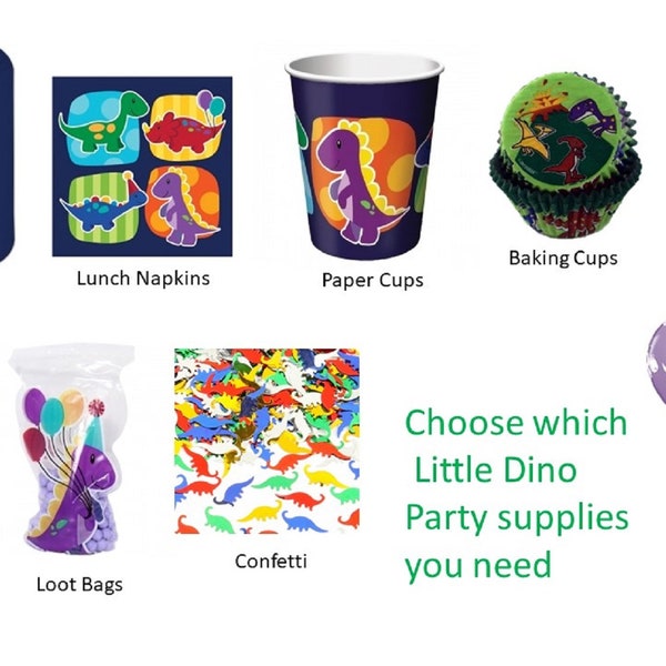 Little Dino Party Plates Napkins Cups Tablecover Candles Cello Bags Confetti Balloons Baking Cups