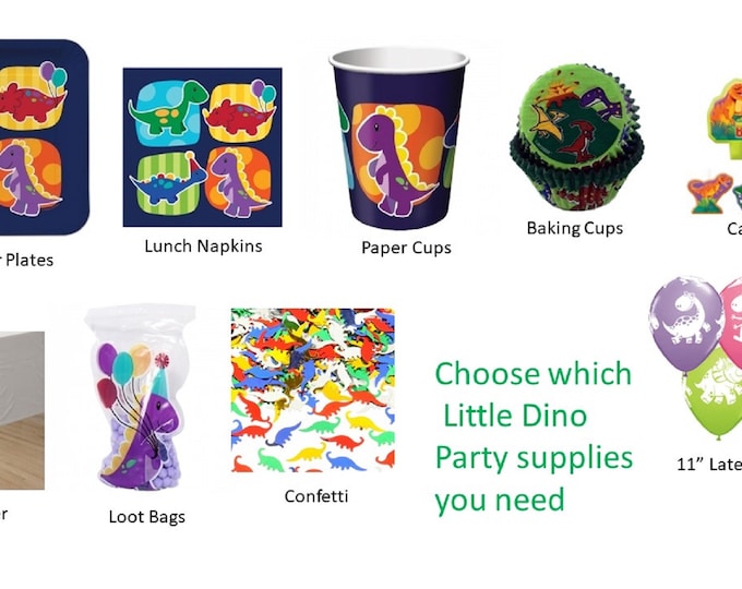 Little Dino Party Plates Napkins Cups Tablecover Candles Cello Bags Confetti Balloons Baking Cups