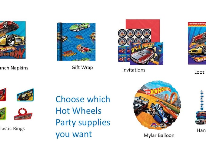 Hot Wheels Balloons, Hot Wheels Plates, Hot Wheels Napkins, Hot Wheels Gift Wrap, Hot Wheels Rings, Hot Wheels Invitations, Hot Wheels Loot