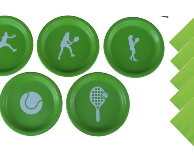 Tennis Dinner Plates, Tennis Dessert Plates - with Solid Color Napkins - Set for 5 People (Boy or Girl)