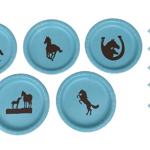 Horse Dinner Plates, Horse Dessert Plates - with Solid Color Napkins - Set for 5 People, Horse 9" Plates, 7" Horse Plates