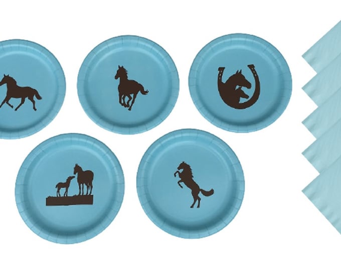 Horse Dinner Plates, Horse Dessert Plates - with Solid Color Napkins - Set for 5 People, Horse 9" Plates, 7" Horse Plates