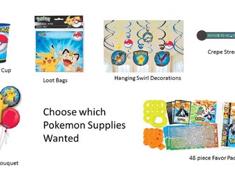Pokemon Pikachu Mylar Balloons, Pokemon Loot Bags, Pokemon Favor Pack, Pokemon Crepe, Pokemon Hanging Decorations, Pokemon Plastic Cup