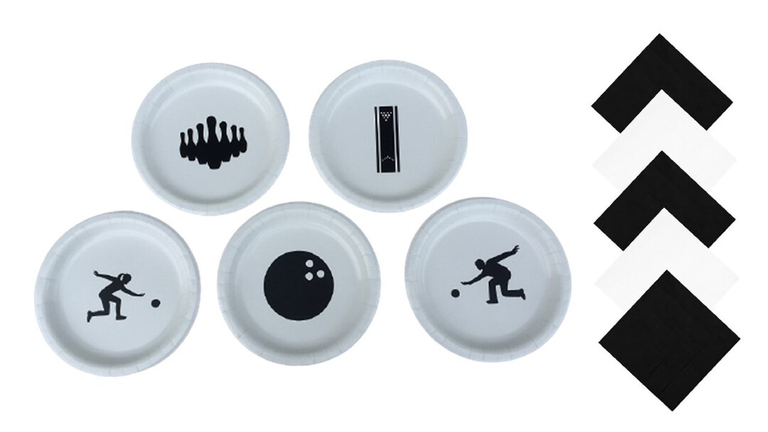 Bowling Dinner Plates With Solid Color Lunch Napkins Set for 5 People