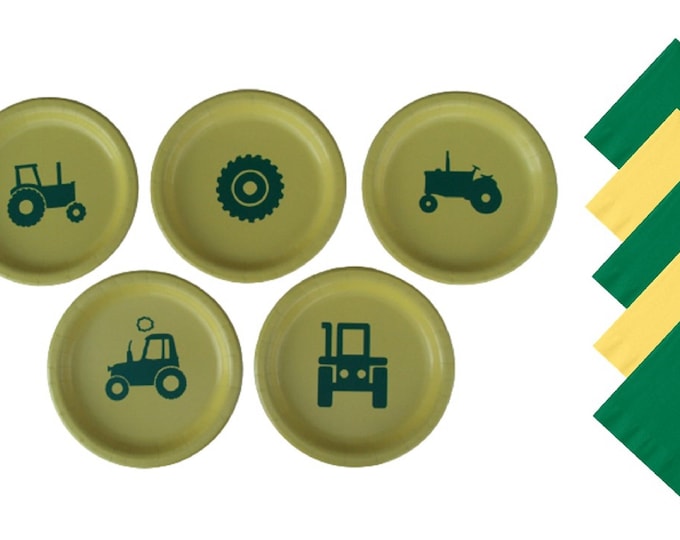Tractor Dinner Plates, Tractor Dessert Plates - with Solid Color Lunch Napkins - Set for 5 People, Tractor 9" Plates, Tractor 7" Plates
