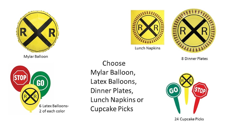 Op de afbeelding: Feestartikelen met een spoorwegovergang thema. Inclusief een gele Mylar ballon, latex ballonnen, borden, lunchservetten en cupcake prikkers. De items hebben een geel en zwart spoorwegovergang symbool.