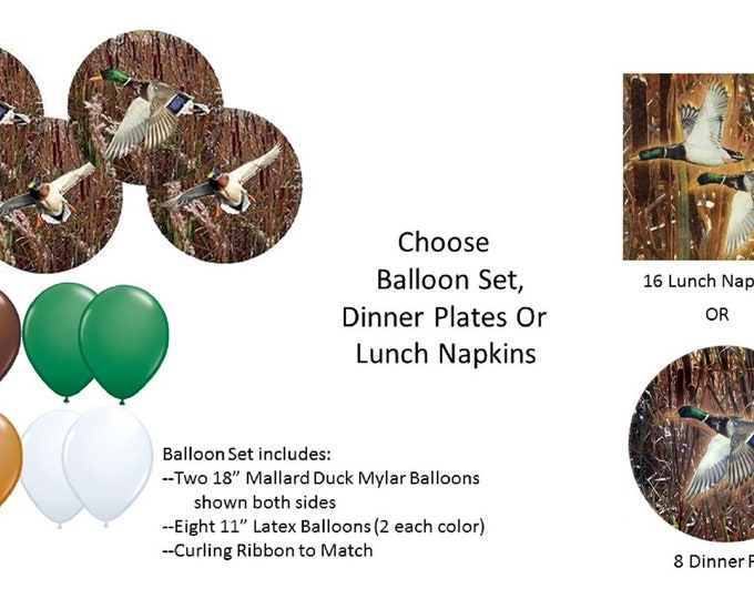 Mallard Duck Mylar Balloon Set, Mallard Duck Napkins, Duck Pond Balloons, Duck Pond Lunch Napkins, Duck Pond Plates