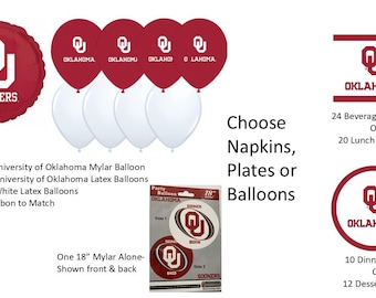 University of Oklahoma Balloons, Sooners balloons, University of Oklahoma Napkins, Oklahoma University Plates