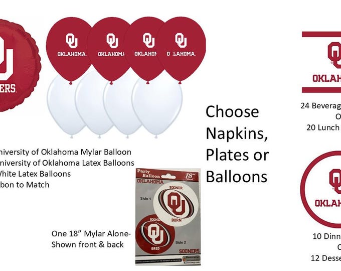 University of Oklahoma Balloons, Sooners balloons, University of Oklahoma Napkins, Oklahoma University Plates