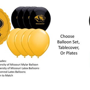 University of Missouri Balloons, Tigers Balloons, University of Missouri Napkins, University of Missouri Tablecover, Missouri Plates