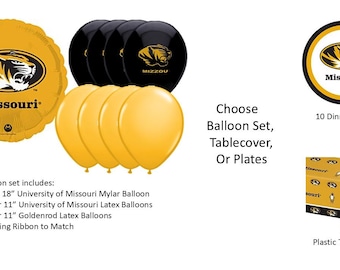 University of Missouri Balloons, Tigers Balloons, University of Missouri Napkins, University of Missouri Tablecover, Missouri Plates