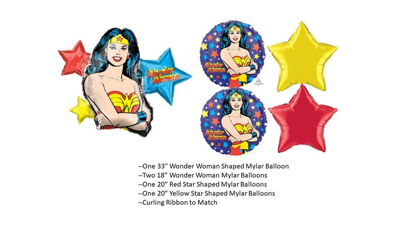 May include: A collection of Wonder Woman-themed mylar balloons. Includes a 33-inch Wonder Woman-shaped balloon, two 18-inch Wonder Woman round balloons, and 20-inch red and yellow star-shaped balloons. The balloons feature the iconic superhero.
