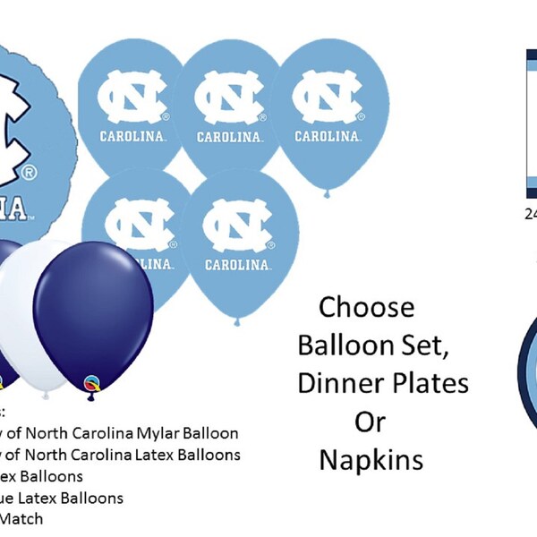 University of North Carolina Balloons, Tarheels balloons, University of North Carolina Plates, University of North Carolina Napkins