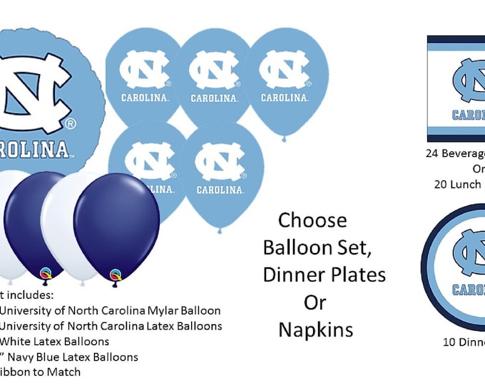 University of North Carolina Balloons, Tarheels balloons, University of North Carolina Plates, University of North Carolina Napkins