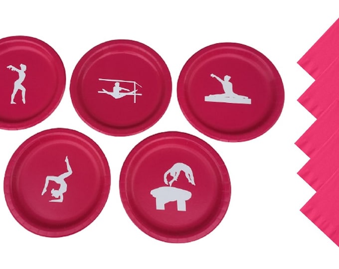 Gymnastics Dinner Plates with Solid Color Lunch Napkins Set for 5 People, Gymnastics 9" Plates