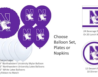 Northwestern University Balloons, Wildcats balloons, Northwestern Wildcats Balloons, Northwestern napkins, Northwestern Plates
