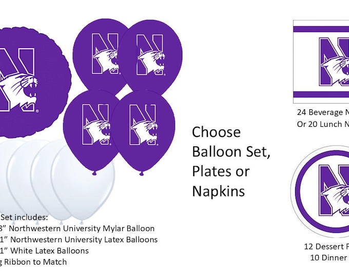 Northwestern University Balloons, Wildcats balloons, Northwestern Wildcats Balloons, Northwestern napkins, Northwestern Plates