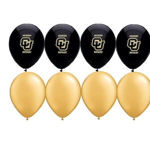 May include: Eight balloons, arranged in two rows of four. The top row features black balloons with the Colorado Buffaloes logo in gold. The bottom row has gold balloons. Ideal for a college-themed party or event.