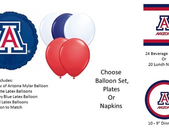University Of Arizona Balloons, Arizona University Balloons, Arizona Napkins, University of Arizona Plates