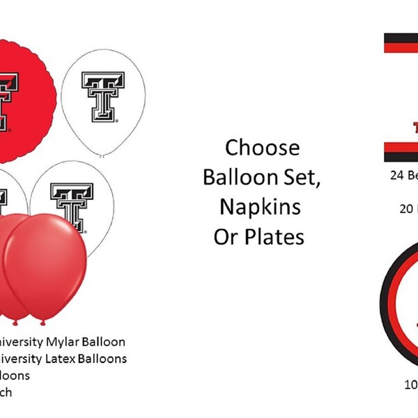 Texas Tech University Balloons, Texas Tech University Red Raiders Balloons, Texas Tech Napkins, Texas Tech Plates
