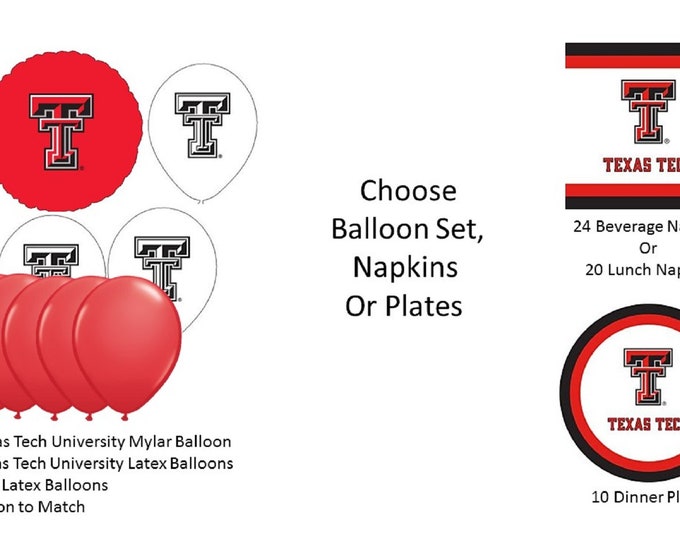 Texas Tech University Balloons, Texas Tech University Red Raiders Balloons, Texas Tech Napkins, Texas Tech Plates