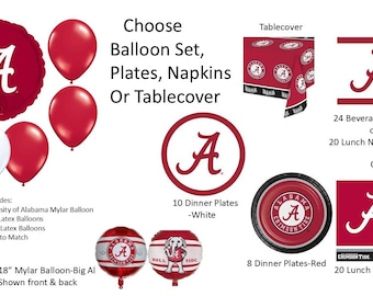 University of Alabama Balloons, University of Alabama Napkins, University of Alabama Plates, Alabama Tablecover