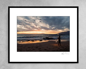 Fire Twirler Sunset -Unframed Photographic Print-Metal or Acrylic Photo Art aloha maui tropical island beach hawaii hawaiian dancer ocean