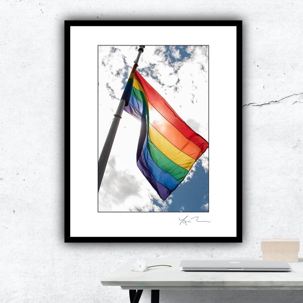 Chicago Pride Flag Flying photography art photo blue sky colorful scene print lgbtq lesbian gay bi bisexual trans transgender queer rainbow