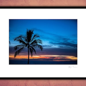 Blue Hawaii Sunset - Unframed Photographic Print - Metal or Acrylic Photo Art color palm tree maui tropical island beach silhouette hawaiian