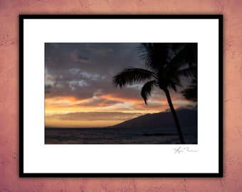 May include: A framed photograph of a palm tree silhouetted against a colorful sunset over the ocean. The sky is a mix of orange, pink, and purple hues.