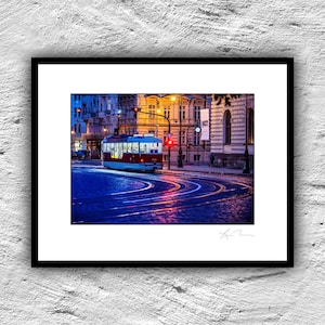 Prague Tram at Night - Photograph Metal Print Photo Artwork rails transit, Czech Republic Czechia Czechoslovakia night colorful city lights