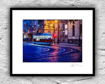 Prague Tram at Night - Photograph Metal Print Photo Artwork rails transit, Czech Republic Czechia Czechoslovakia night colorful city lights