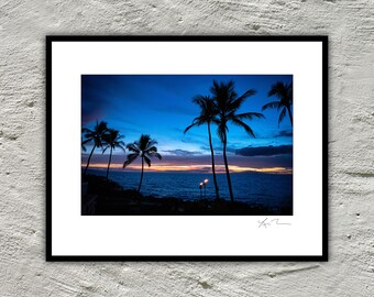 May include: Silhouetted palm trees stand against a vibrant blue sky with a sunset in the background. The ocean is calm and the sky is a mix of blue, purple, and orange.