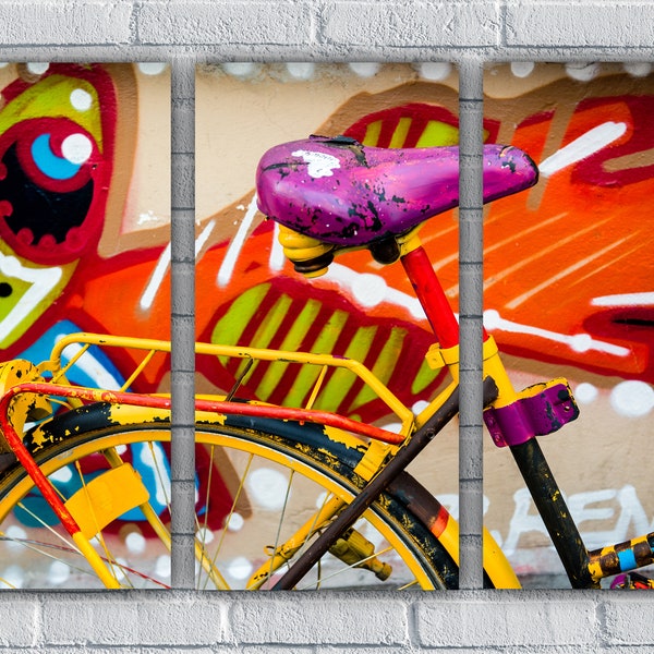 Montmartre Bicycle Triptych - France photo grouping decor Paris europe photography bike triple collage graffiti street art dramatic colorful