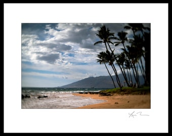 May include: A scenic photograph of a beach with palm trees, ocean waves, and a cloudy sky. The sand is golden, and the water is a turquoise color. The palm trees are silhouetted against the sky. A mountain range is visible in the distance.