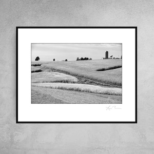 May include: A black and white photograph of a rural landscape with a silo in the distance. The photo shows a field of crops with a dirt road leading to the silo.