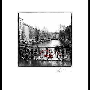 Red Bike in Amsterdam - photograph artwork netherlands canal bicycle historic architecture holland artistic cycle brick springtime rainy art