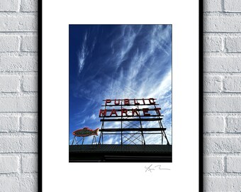 Pike Place Market Sign - Seattle Washington public pacific northwest PNW neon fish landmark iconic seafood red blue photograph art decor