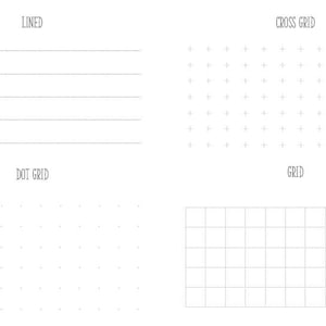 May include: A white background displays four different paper grid styles. The top left shows horizontal lines labeled "LINED." The top right shows a cross grid labeled "CROSS GRID." The bottom left shows a dot grid labeled "DOT GRID." The bottom right shows a grid labeled "GRID."