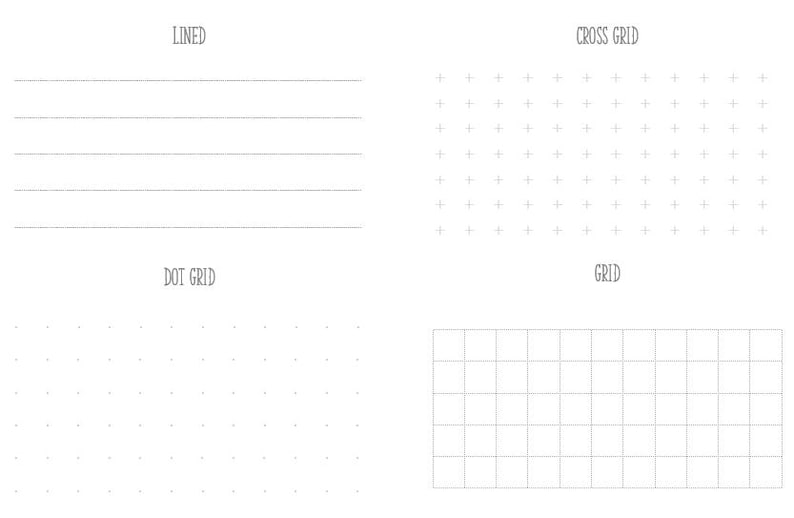 May include: A white background displays four different paper grid styles. The top left shows horizontal lines labeled "LINED." The top right shows a cross grid labeled "CROSS GRID." The bottom left shows a dot grid labeled "DOT GRID." The bottom right shows a grid labeled "GRID."