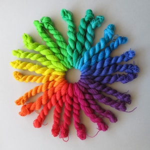 Merino wool lace weight mini skeins - Rainbow collection - 24 colors x 24m each - needlepoint, crewel, knitting, weaving