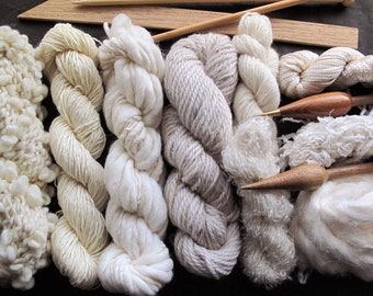 Yarn pack for knitting, crochet, weaving or felting. Wool, silk and kid mohair - Natural.